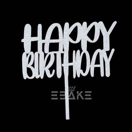 Happy Birthday Cake Topper 5 Inch Silver Shimmer MDF