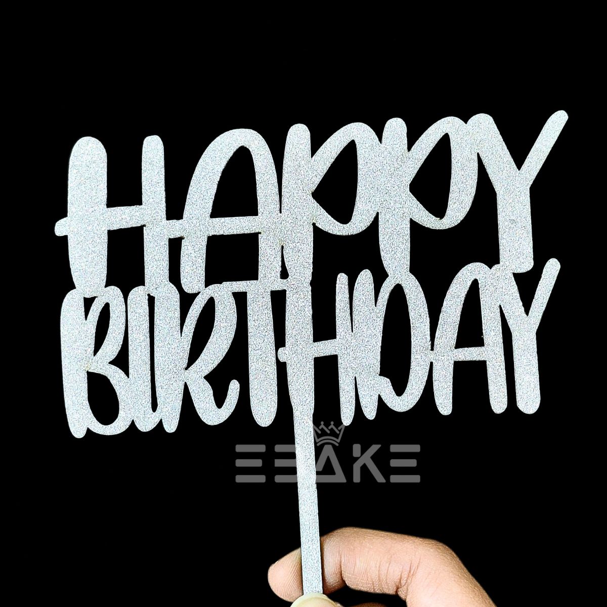 Happy Birthday Cake Topper 5 Inch Silver Shimmer MDF