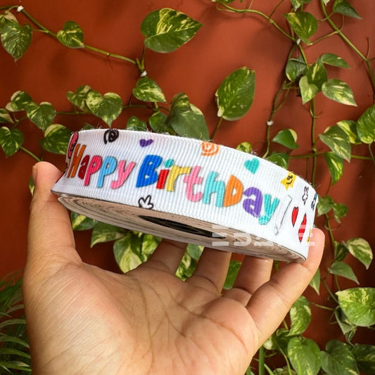 Happy Birthday Party Printed White Grosgrain Ribbon