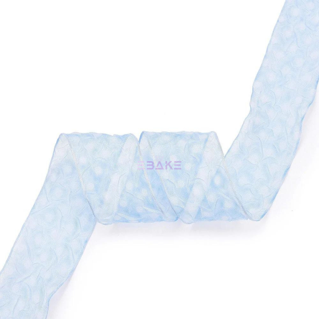 Dots Printed Sheer Chiffon Wrinkle Ribbon  2.5 CM - 10 Yards (BLUE)