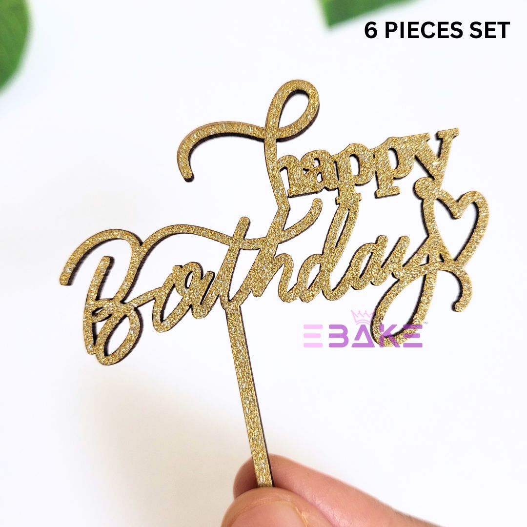 Happy Birthday Mini Topper Gold Glitter (Set of 6) MDF