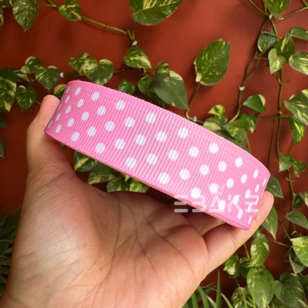 Pink Polka Dot Printed Pink Grosgrain Ribbon