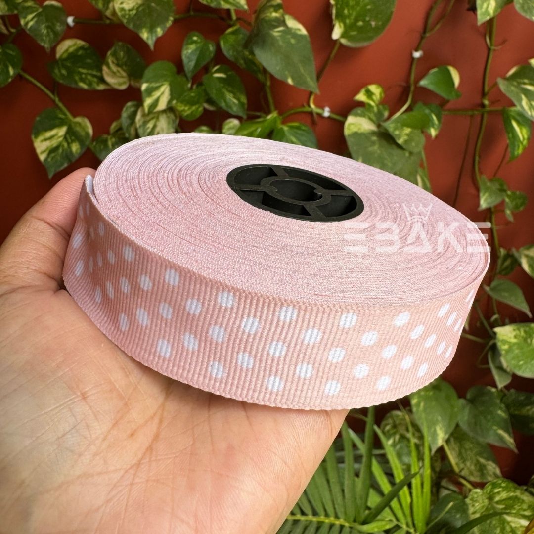 Beige Polka Dot Printed Grosgrain Ribbon