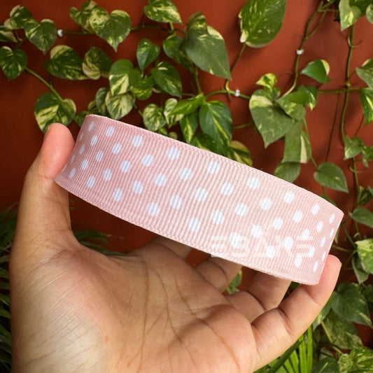 Beige Polka Dot Printed Grosgrain Ribbon