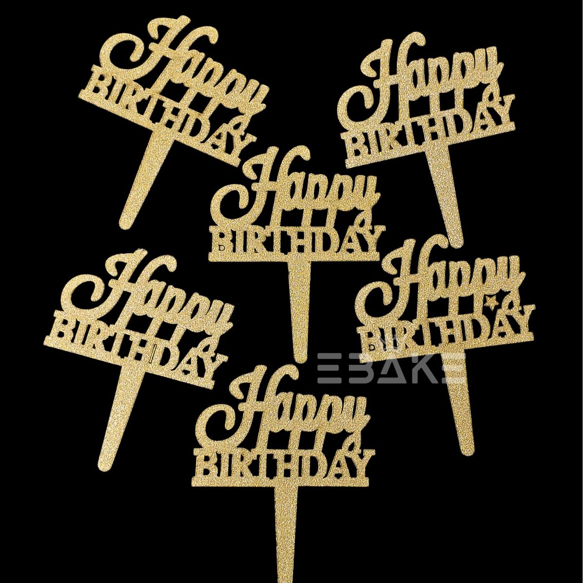 Happy Birthday Mini Topper Gold Glitter (Set of 6) MDF