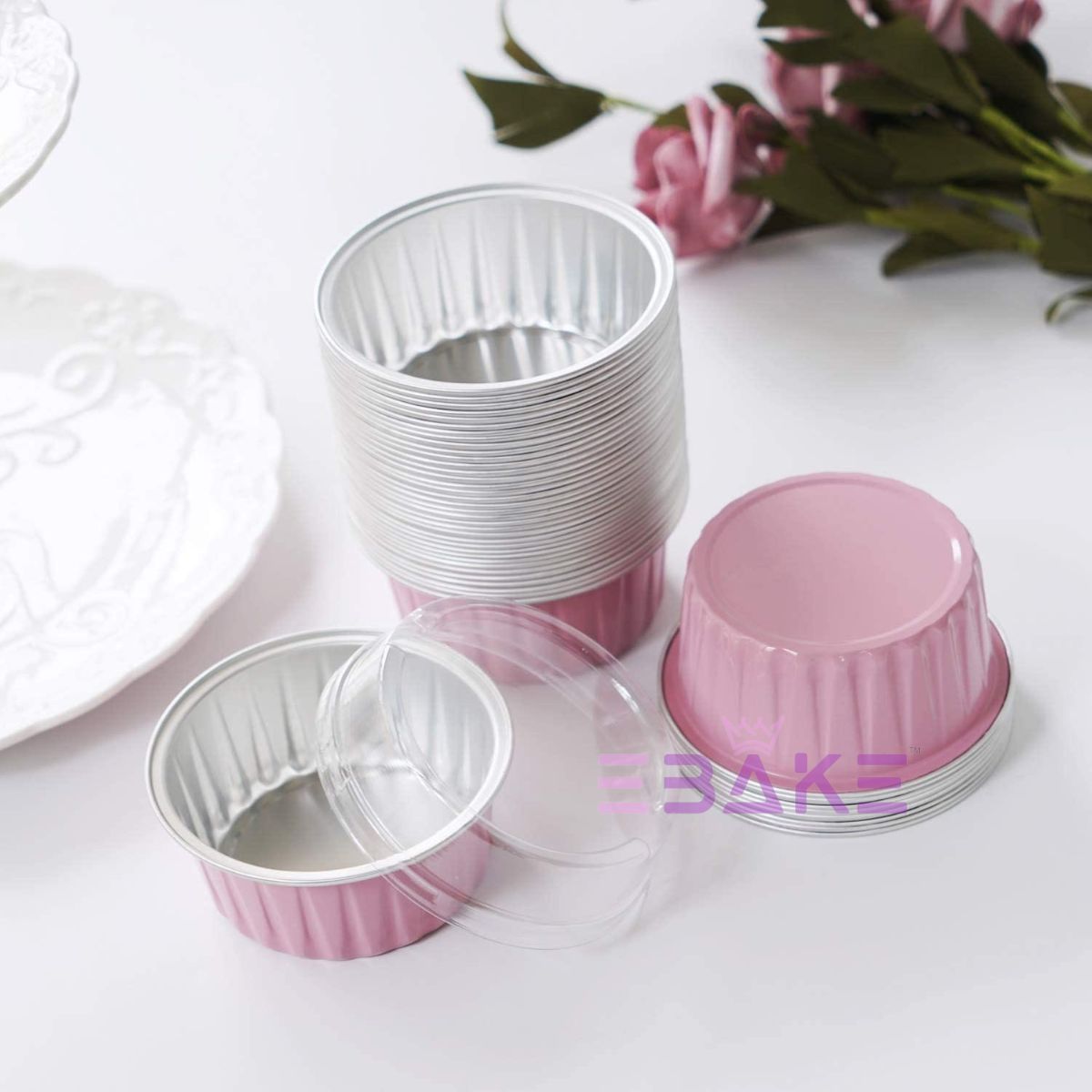 Round Aluminium Foil Baking Cups With Lids (Pink)