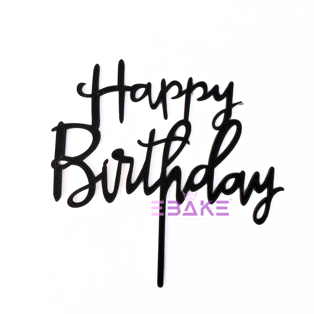 Happy Birthday Cake Topper Black Shimmer MDF