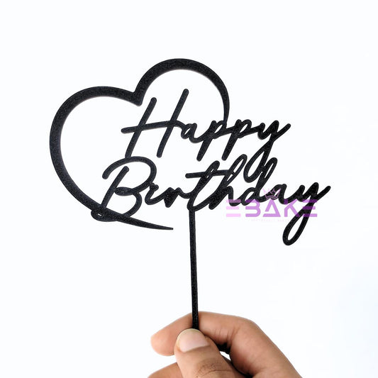Happy Birthday Cake Topper Black Shimmer MDF