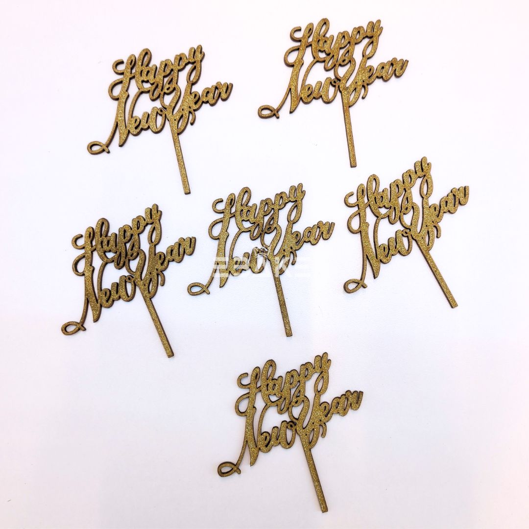 Happy New Year Mini Topper Gold Glitter (Set of 6) MDF