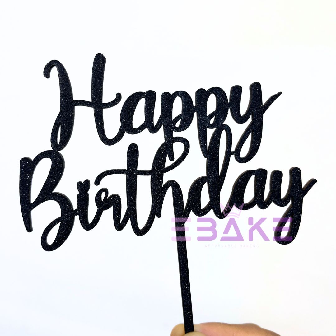 Happy Birthday Cake Topper Black Shimmer MDF