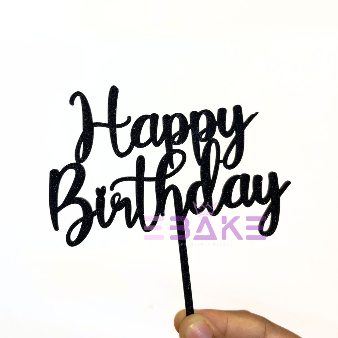 Happy Birthday Cake Topper Black Shimmer MDF