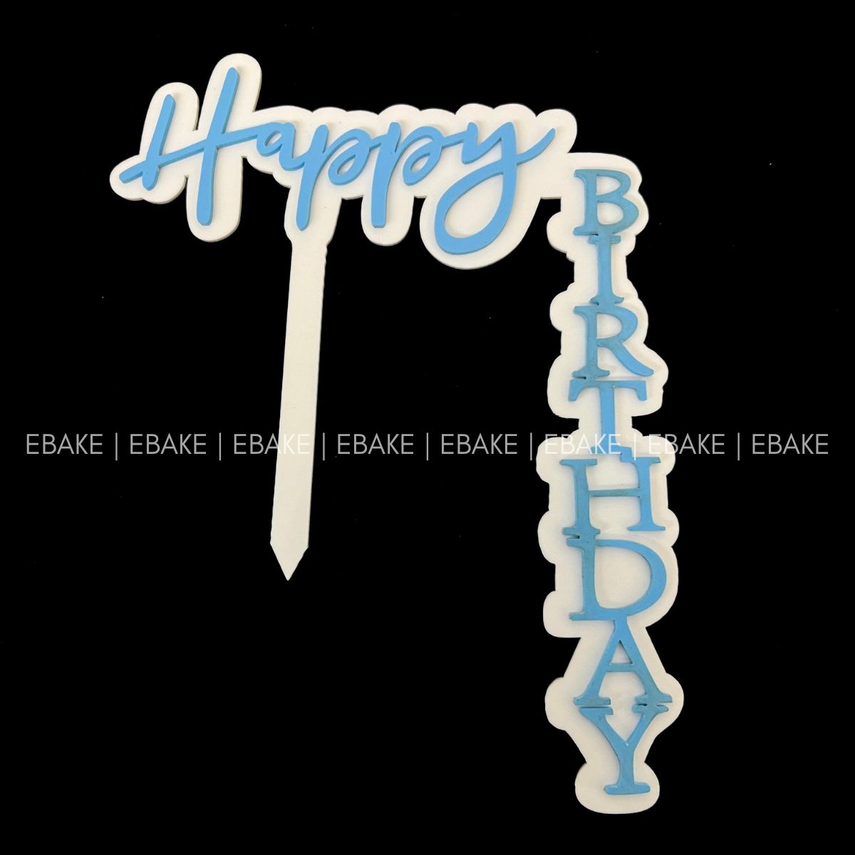 EBL101 Happy Birthday Vertical L-Shaped Cake Topper (White & Blue)