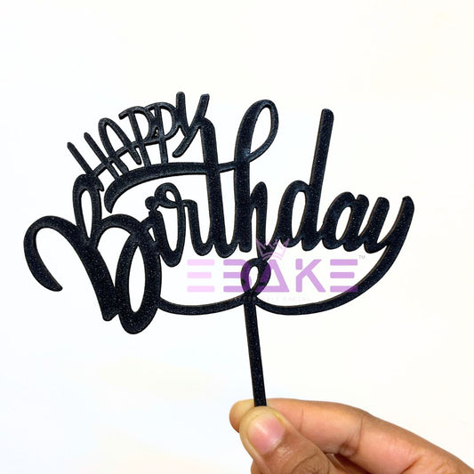 Happy Birthday Cake Topper Black Shimmer MDF