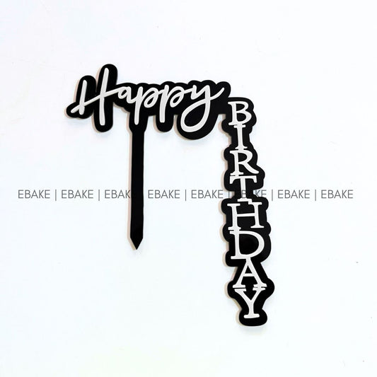 EBL108 Happy Birthday Vertical L-Shaped Cake Topper (White & Black)