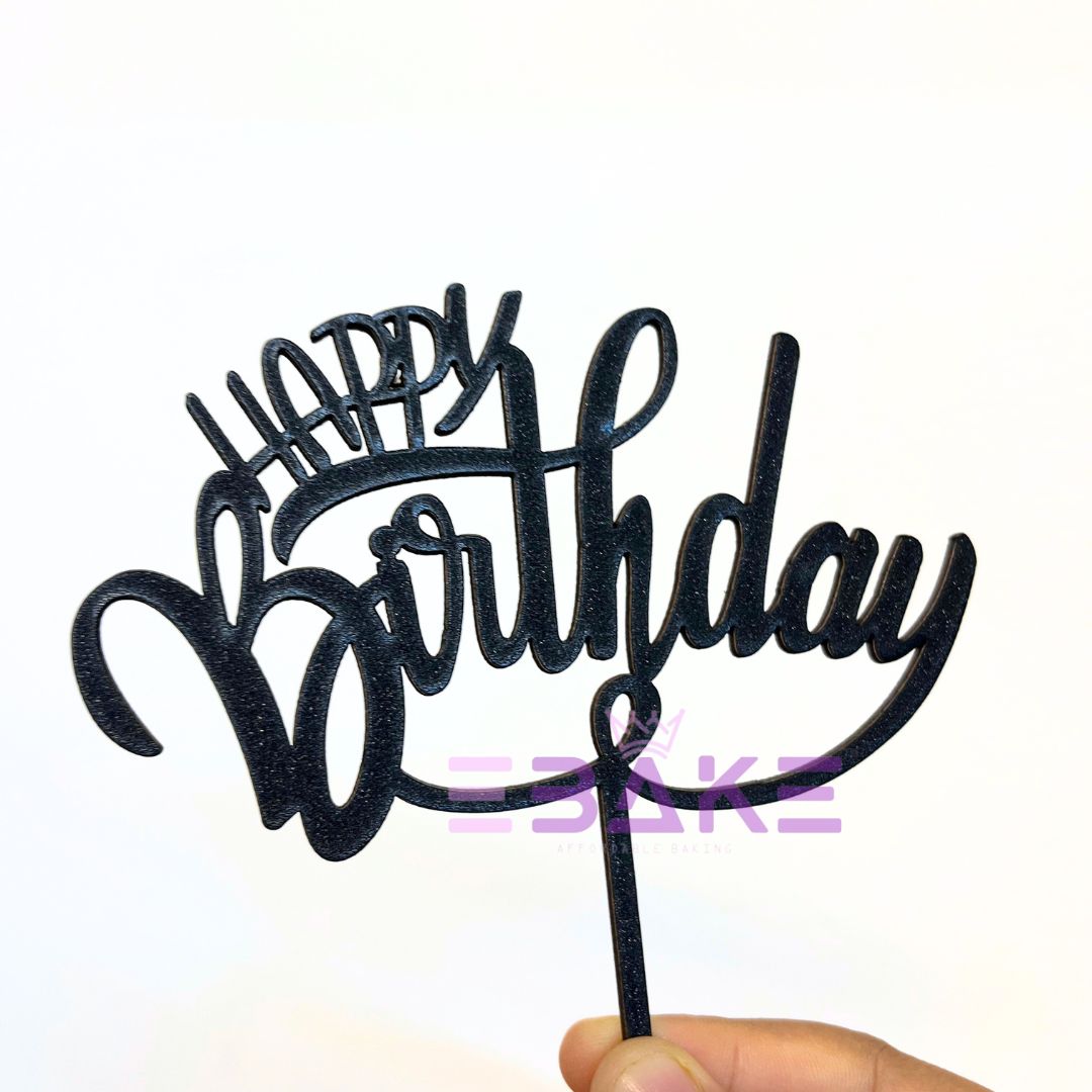 Happy Birthday Cake Topper Black Shimmer MDF