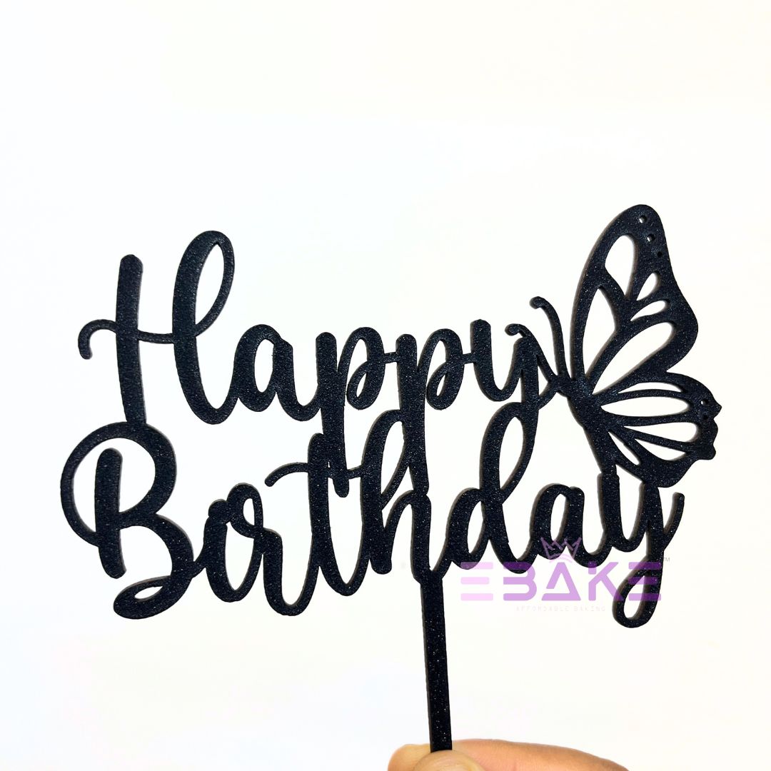 Happy Birthday Cake Topper Black Shimmer MDF