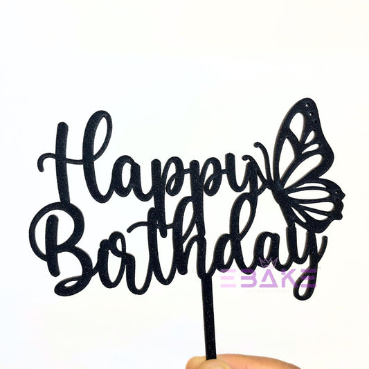 Happy Birthday Cake Topper Black Shimmer MDF