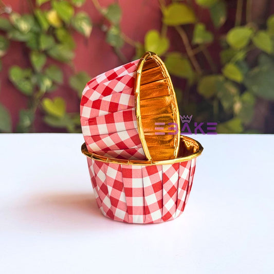 Imported Golden Lined Rolled Rim Muffin Cup / Cupcake Liners - Gingham Printed (Set of 25 pieces) Large