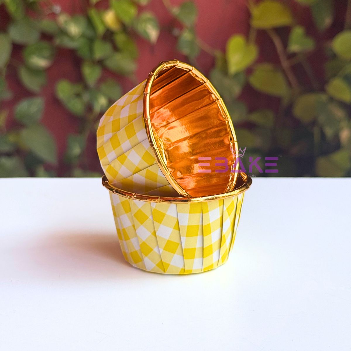 Imported Golden Lined Rolled Rim Muffin Cup / Cupcake Liners - Gingham Printed (Set of 25 pieces) Large