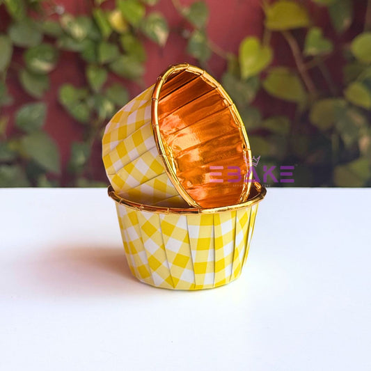 Imported Golden Lined Rolled Rim Muffin Cup / Cupcake Liners - Gingham Printed (Set of 25 pieces) Large