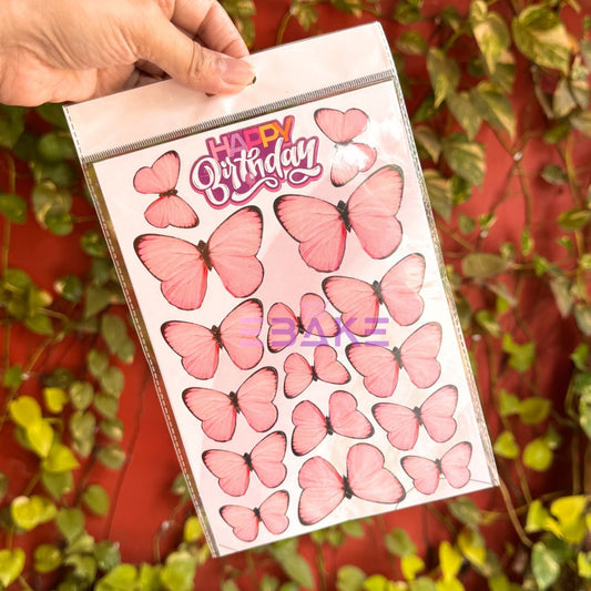 Pink Paper Butterflies With Birthday Tag - (Set of 16 Pieces)