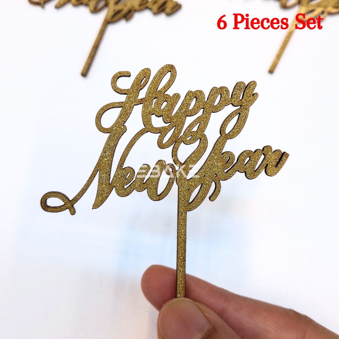 Happy New Year Mini Topper Gold Glitter (Set of 6) MDF