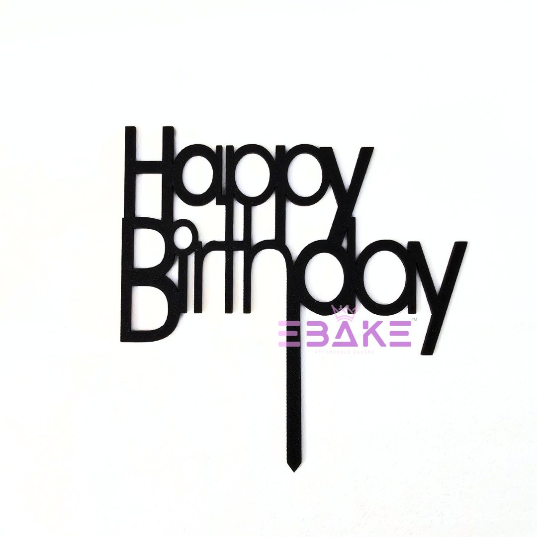 Happy Birthday Cake Topper Black Shimmer MDF