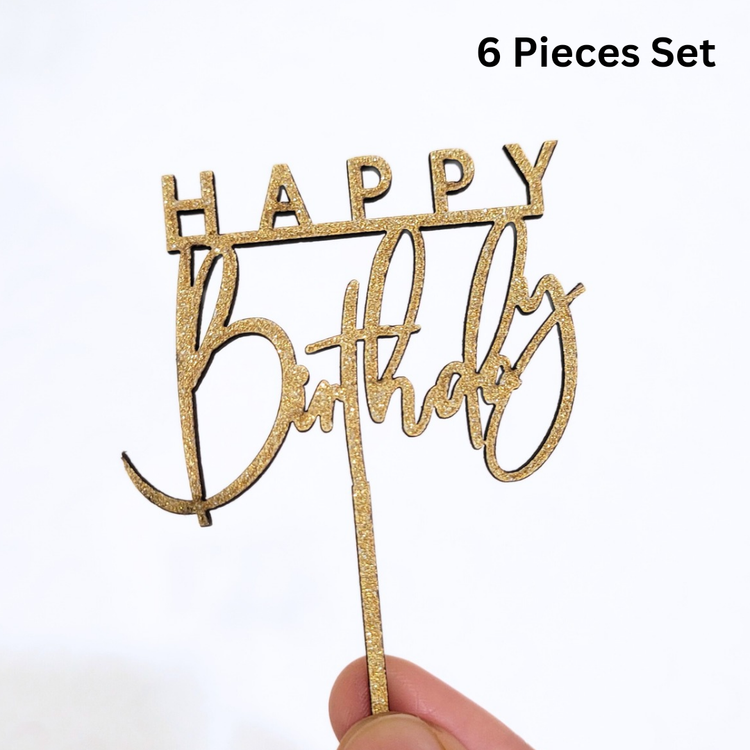 Happy Birthday Mini Topper Gold Glitter (Set of 6) MDF