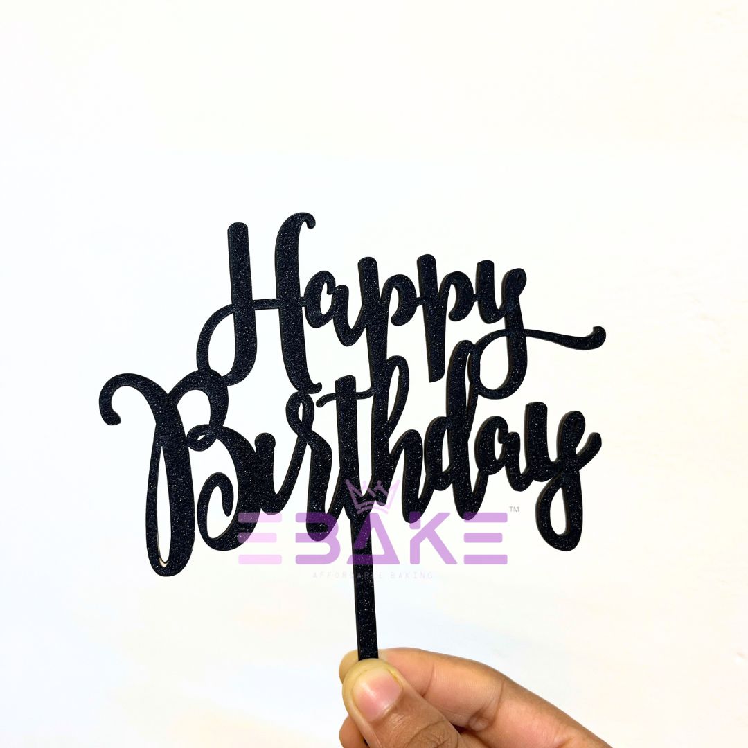 Happy Birthday Cake Topper Black Shimmer MDF