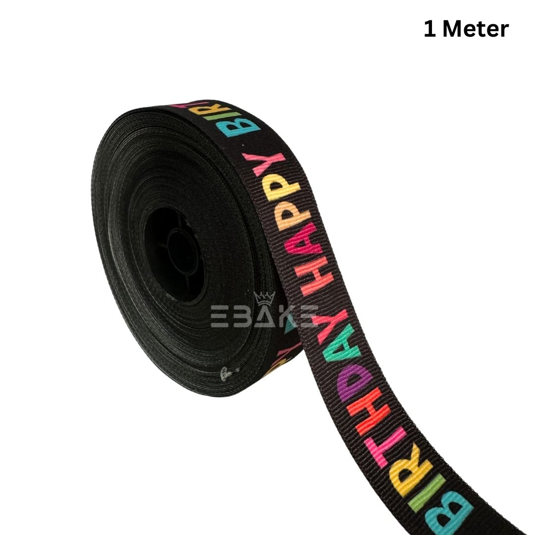 Happy Birthday Printed Black Grosgrain Ribbon