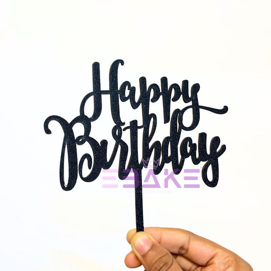 Happy Birthday Cake Topper Black Shimmer MDF