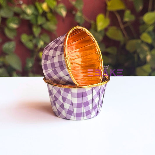 Imported Golden Lined Rolled Rim Muffin Cup / Cupcake Liners - Gingham Printed (Set of 25 pieces) Large