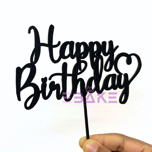 Happy Birthday Cake Topper Black Shimmer MDF