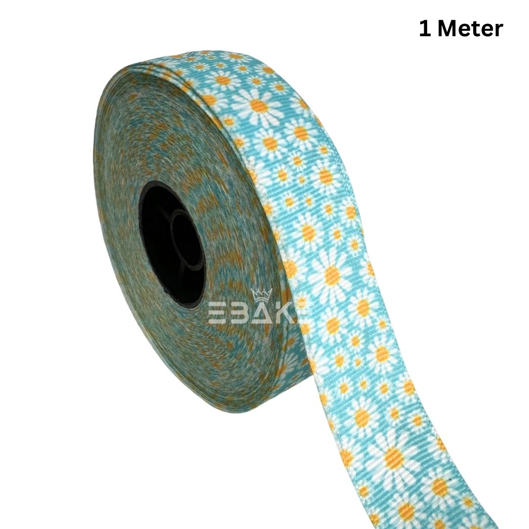 Daisy Flower Printed Grosgrain Ribbon Yellow & Blue