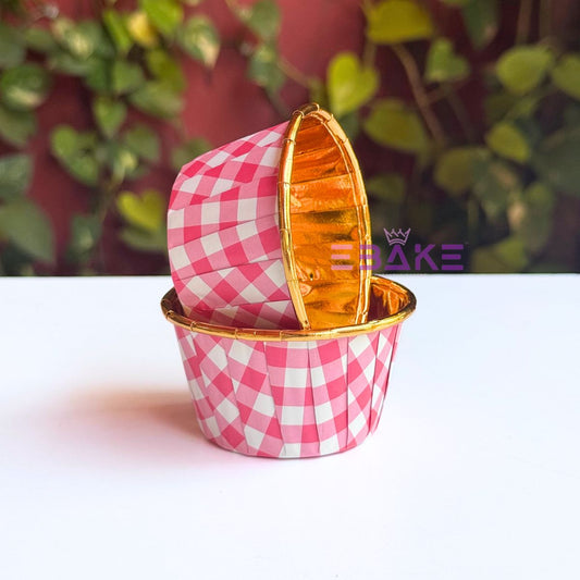 Imported Golden Lined Rolled Rim Muffin Cup / Cupcake Liners - Gingham Printed (Set of 25 pieces) Large