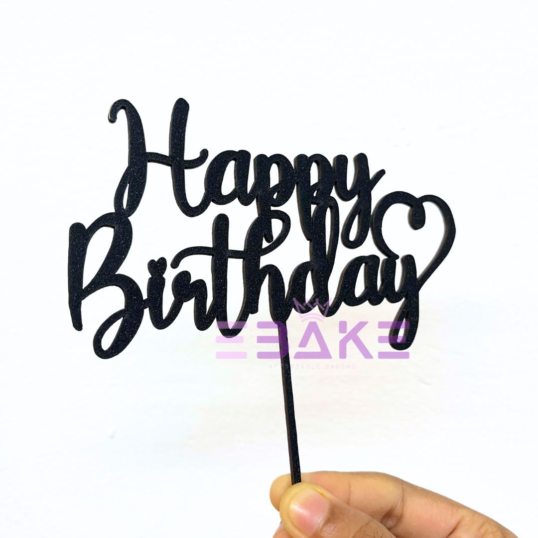 Happy Birthday Cake Topper Black Shimmer MDF