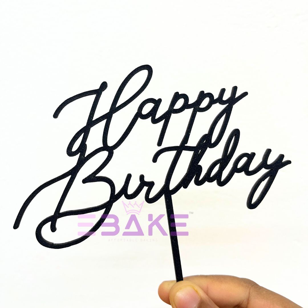 Happy Birthday Cake Topper Black Shimmer MDF