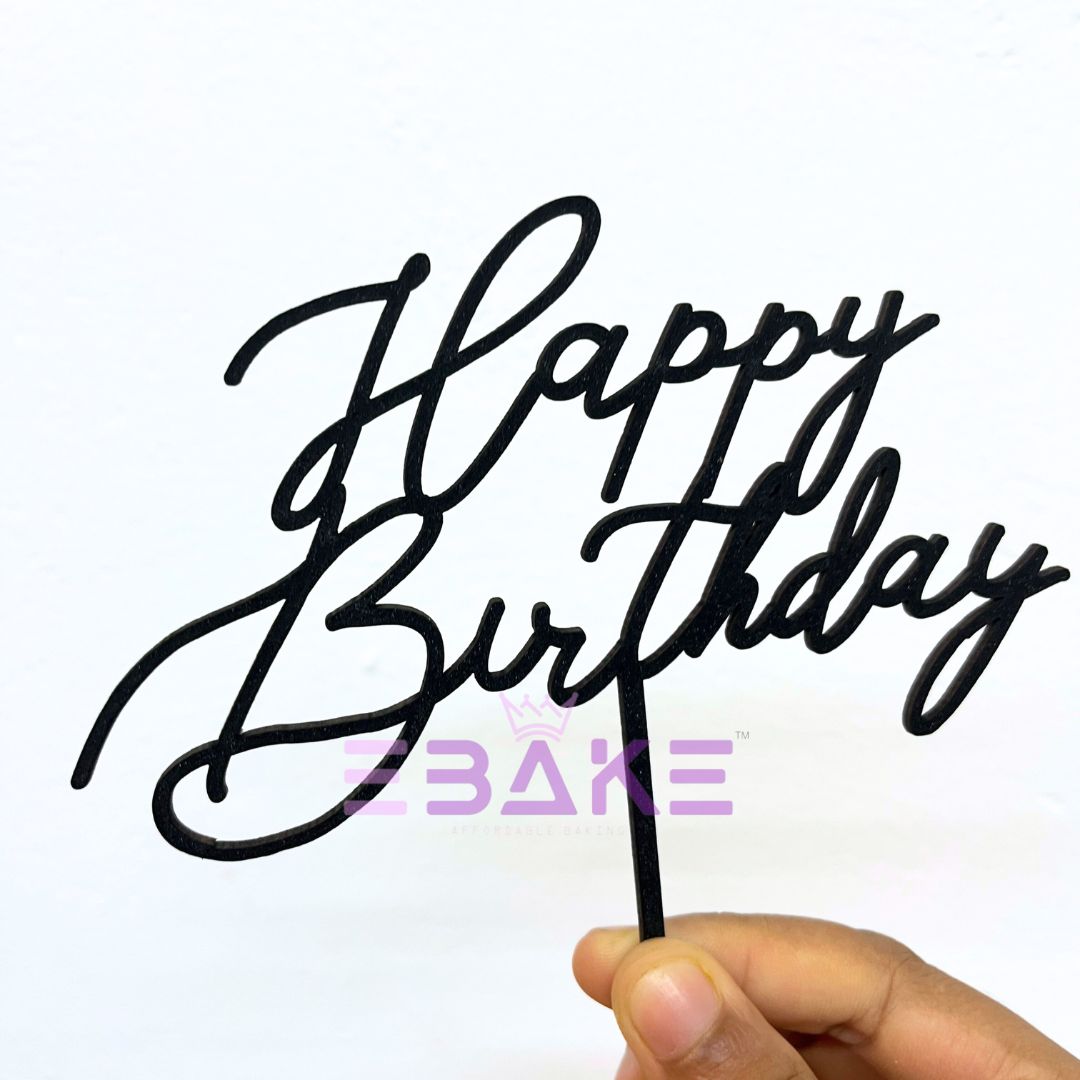 Happy Birthday Cake Topper Black Shimmer MDF