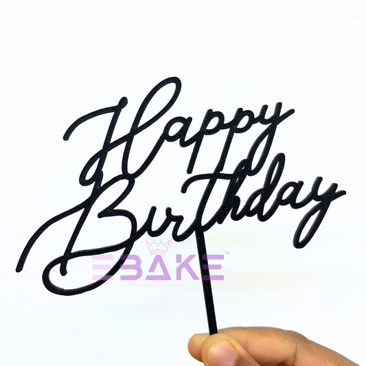 Happy Birthday Cake Topper Black Shimmer MDF