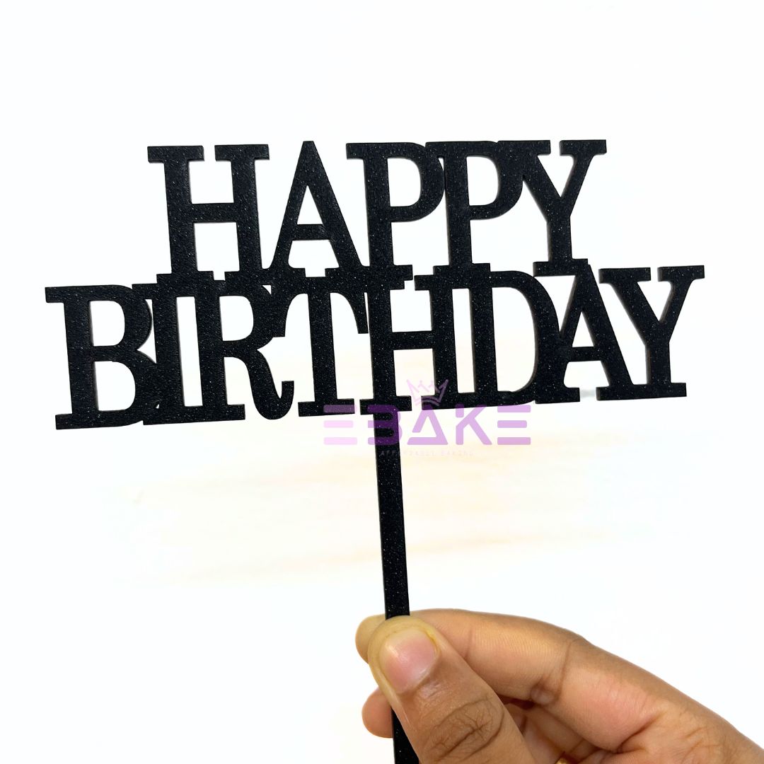 Happy Birthday Cake Topper Black Shimmer MDF