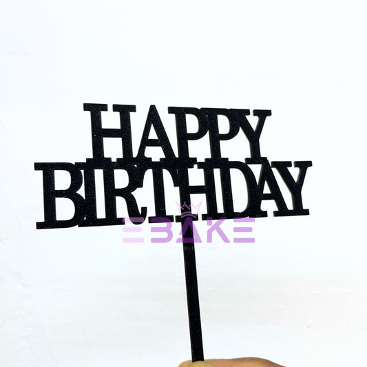 Happy Birthday Cake Topper Black Shimmer MDF