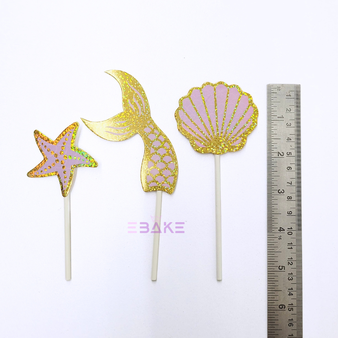 5pcs/set Glitter Mermaid Tail Starfish Seahorse Cake Toppers Picks