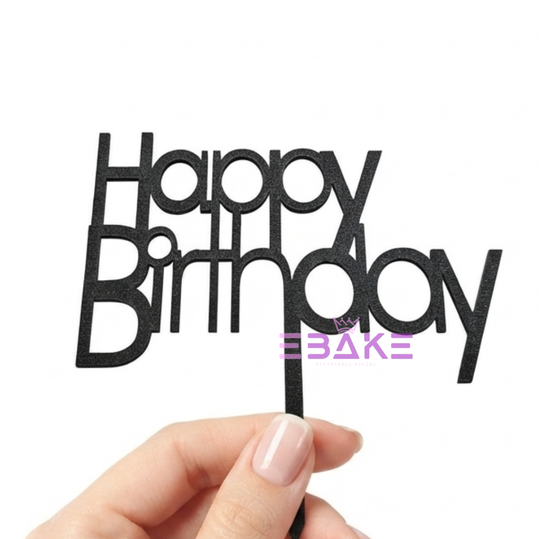 Happy Birthday Cake Topper Black Shimmer MDF