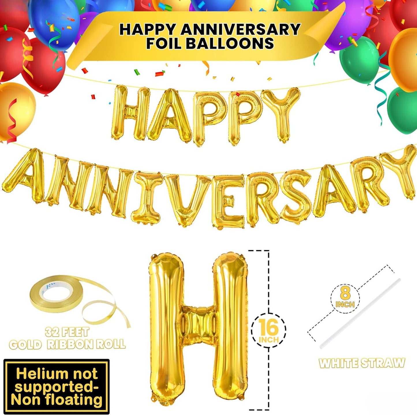 Happy Anniversary Foil Balloon Gold 16 Inch