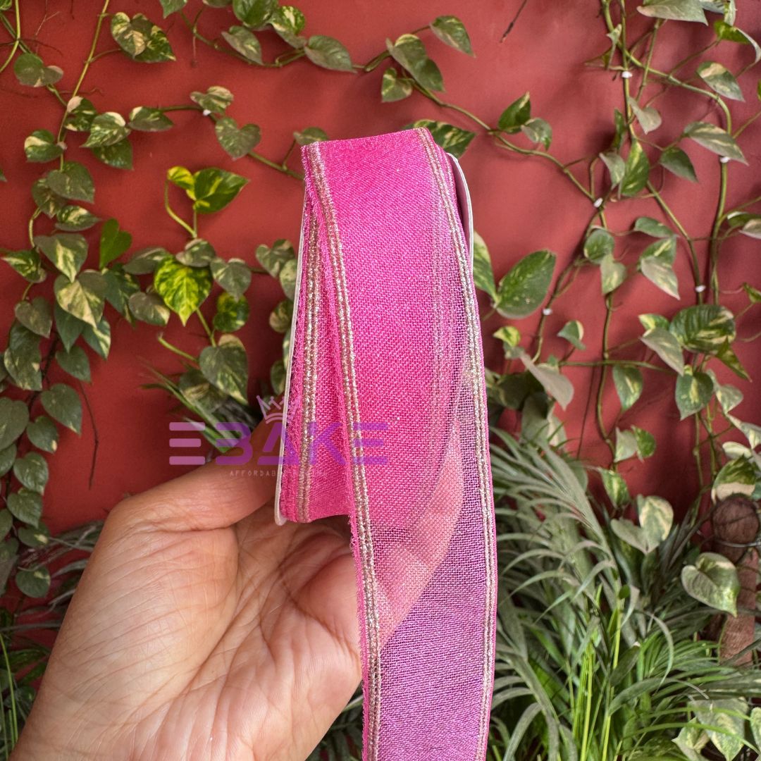 Raspberry Pink Chiffon Ribbon With Golden Edge