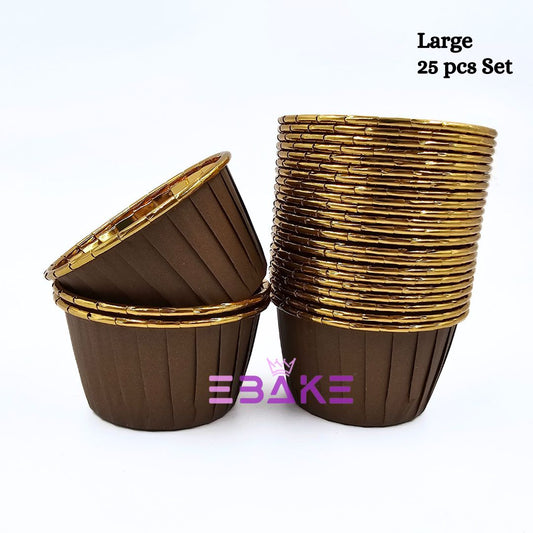 Imported Golden Lined Rolled Rim Muffin Cup / Cupcake Liners - Brown (Set of 25 pieces) Large