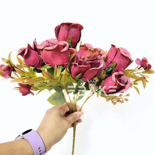 A1602 Maroon Bud Rose Bunch With Fillers (7 Roses)