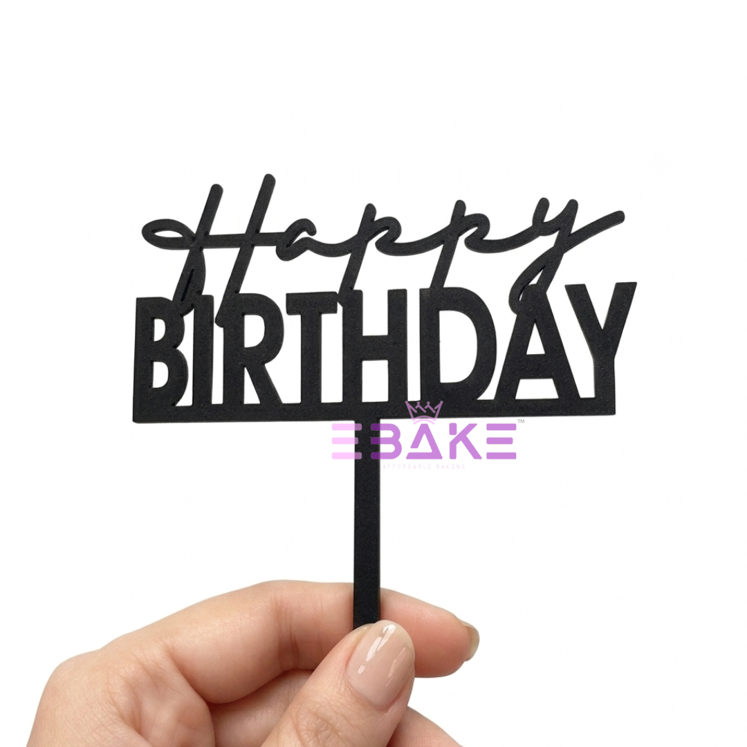 Happy Birthday Cake Topper Black Shimmer MDF