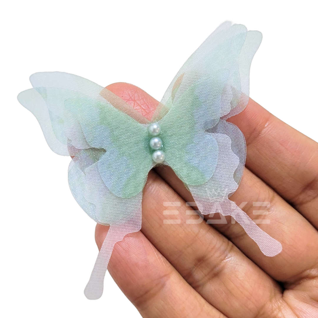 Four Layer Fabric Butterflies - Green (Set of 5 Pieces)