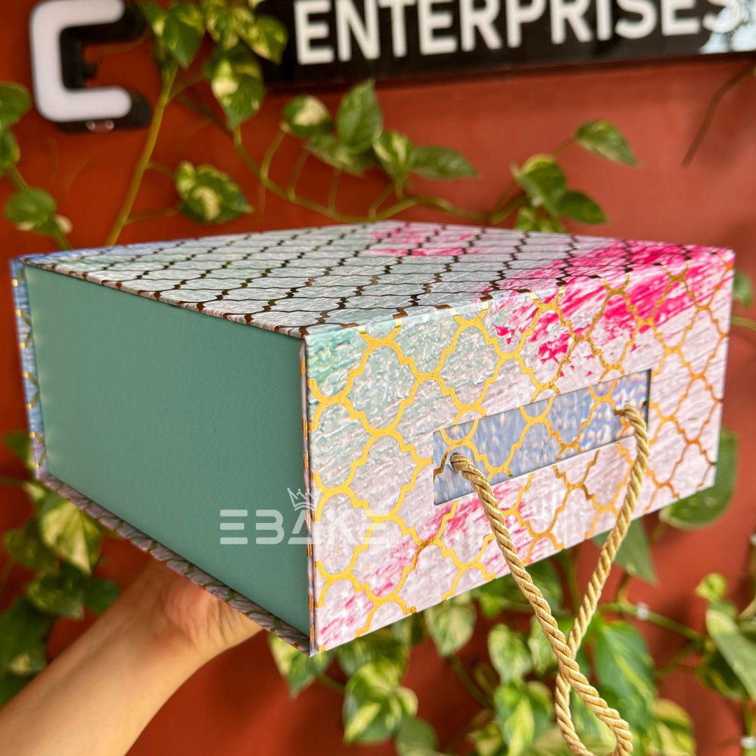 Golden Festive Printed Collapsible Rigid Hamper Box/Gift Box With Handle Pink & Green (8x8x4")